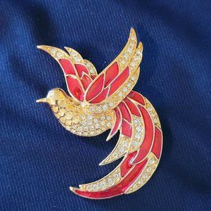 Vintage GIORGIO ARMANI Red Enamel Crysta Rhinestone Bird of Paradise Brooch Pin